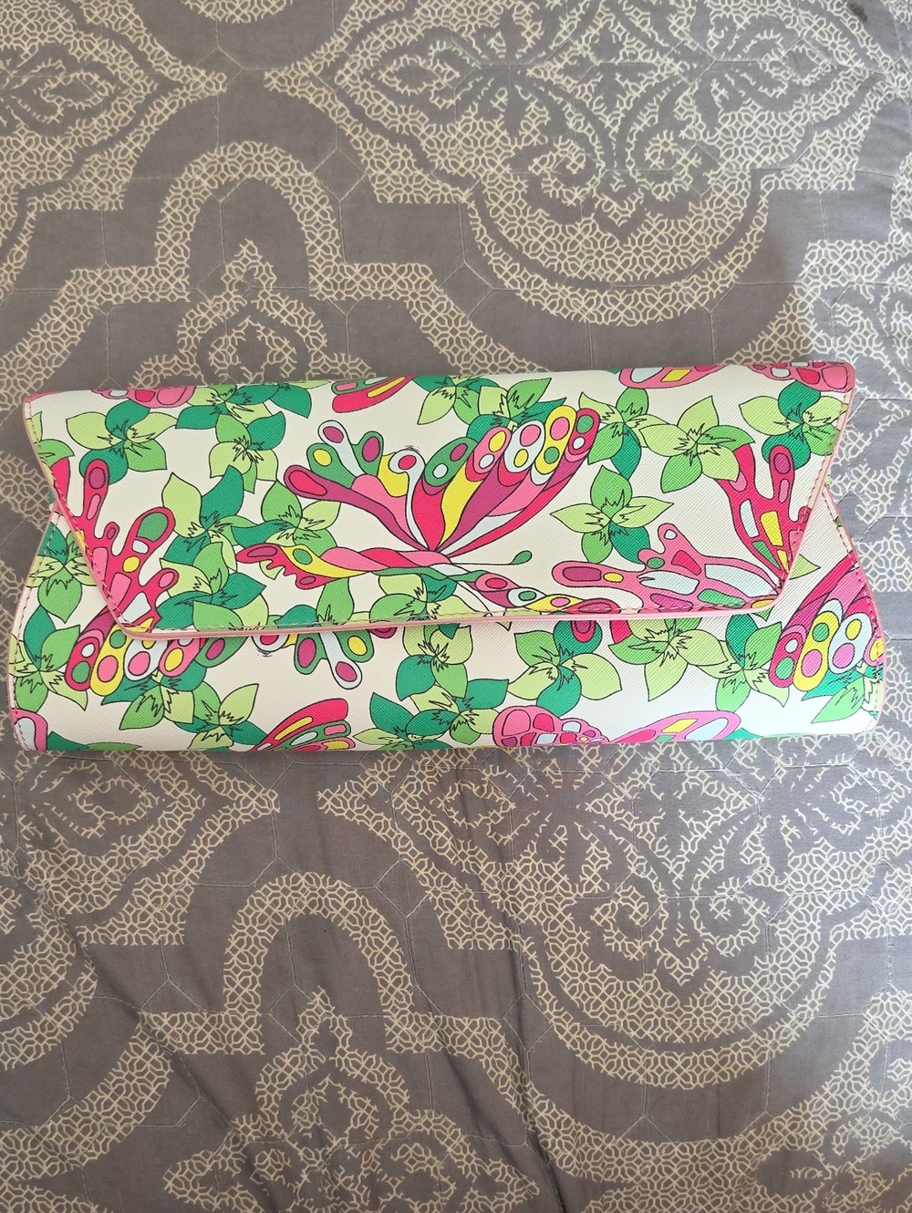 Trina Turk White Clutch with Pink and Green Floral Print